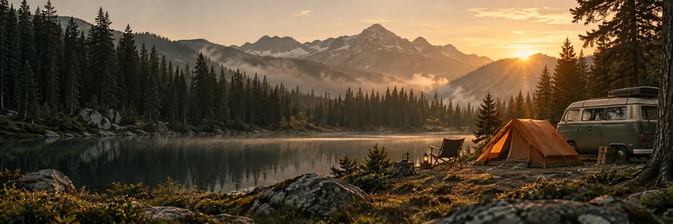 Alpensee, Zelt und Camper bei Sonnenaufgang